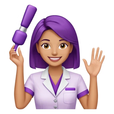 Woman cosmetologist in purple salon uniform with hand raised, smiling sticker