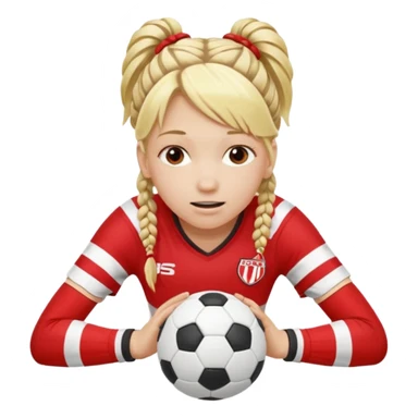 Chica de pelo rubio tirada en el suelo boca abajo agarrando un balón con las manos vestida con una equipación de color rojo y blanco con líneas y con unas botas de tacos de fútbol, con un bucal en la boca y el pelo con trenzas sticker