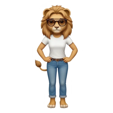 friendly anthropomorphised female lion character, full body, standing confidently with legs shoulder width apart and arms folded, wearing jeans, a white t-shirt, and dark sunglasses, with a determined expression sticker