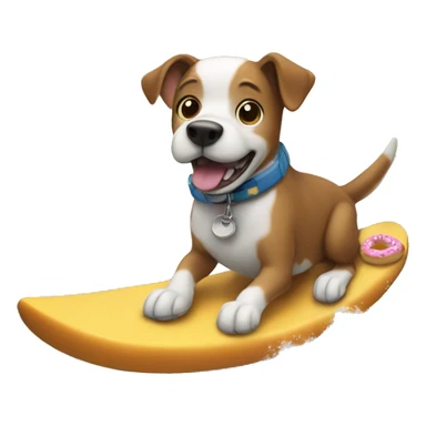 A dog surfing on waves eating a donut sticker