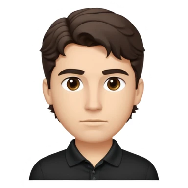 He’s a man with light to medium skin, a defined oval face, full brows, deep-set eyes, and wavy short dark brown tall hair styled with height, sides are trimmed. muscular. expression calm and focused relaxed black polo shirt. polished, articulate, and coach vibe. personal development.  sticker