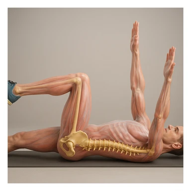 Create a hyperrealistic 4K anatomical illustration of a man lying on the ground in a dead bug position, viewed from the side as in the reference image. Highlight the pelvis and spine bones in 3D with realistic anatomical details. Show translucent muscles and skin to reveal the skeleton underneath. Maintain the same pose and perspective as the reference. Medical atmosphere. sticker