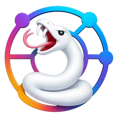 Transform the image into a 3D, colorful logo featuring an abstract white snake in a circular network pattern. Use vibrant colors and make it shiny and dimensional, inspired by the reference image. sticker