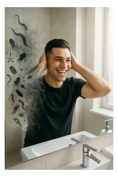 a man stands in a brightly lit bathroom, looking relieved and revitalized as he examines his reflection in the mirror. In the foreground, stylized, shadowy images of parasites (such as worms or protozoa) are shown leaving his body, dissolving into mist or fading away. His posture is upright and his expression is one of newfound energy and health. sticker