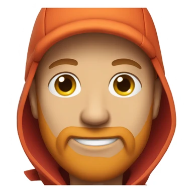 A young, bald man with an orange beard and a red jacket and cap sticker
