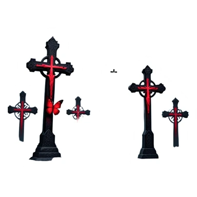 A mesmerizing scene where vibrant crimson butterflies dominate the foreground, their delicate wings glowing against the dark, misty background of shadowy Gothic crosses. The contrast between life and the eerie stillness of the crosses creates a haunting yet beautiful atmosphere. sticker