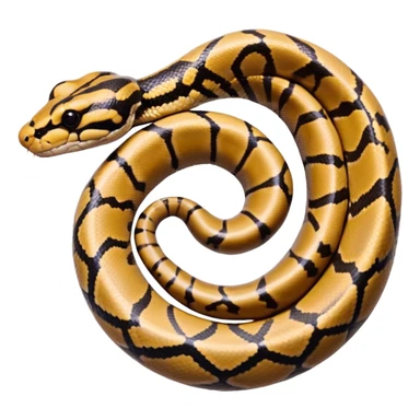 A photo-realistic top-down view of a Ball Python gently coiled into a tight spiral, with its head resting peacefully at the center. Its scales are warm brown with bold, irregular black markings, including the distinctive “alien-head” pattern, flowing smoothly along its body.  sticker