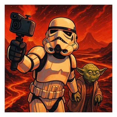 make digital poster art of Camera POV, Starwars stormtroopers vlogging selfie, he is walking on lava planet with yoda
 sticker