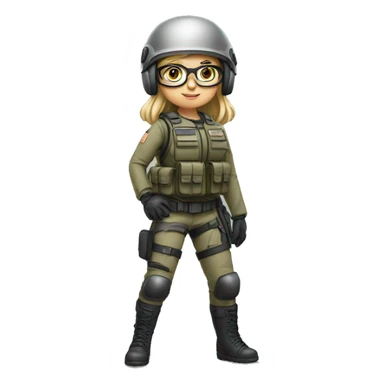 girl, 30 year, blondish/greyish, helmet, glasses with small frame, full body, army, ready to fight, with dog sticker
