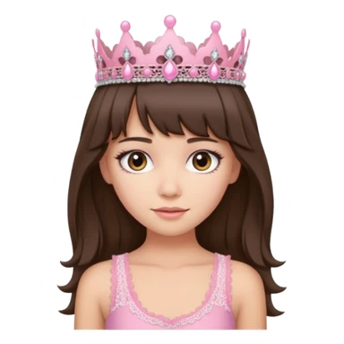 super long haired brunette with middle part curtain bangs cute pink lacy tank with a pink tiara on head, white but with a little bit of tan sticker