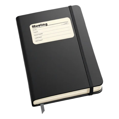 An open black Moleskine notebook with meeting agenda written at the top and clearly visible bullet points below sticker