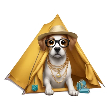 dog in tent, jewelry, hat and glasses sticker