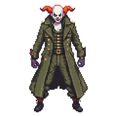 evil clown soldier, bald, small black satan horns on forehead, fangs, pointed ears, eye patch over one eye, long coat over black and military green clothes with bellbottom pants, realistically proportioned, less bulky, full body, fighting stance sticker