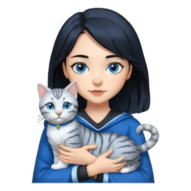 Girl with light skin, blue eyes, shoulder length straight black hair, wears a ravenclaw outfit, with a silver bengal cat holding in her arms sticker