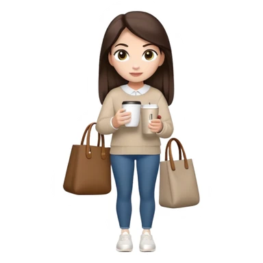 A full-body  female character in Apple Memoji style. She has the same face, hair color, and features as the provided reference (long dark brown hair, neutral skin tone, expressive eyes). She is wearing a modest, trendy outfit with a neutral-colored sweater or outer, carrying a tote bag on one shoulder, holding a cup of coffee in the other hand, and wearing white AirPods. The overall style should closely resemble an official iPhone Memoji, with a friendly and relaxed vibe. Simple background. sticker