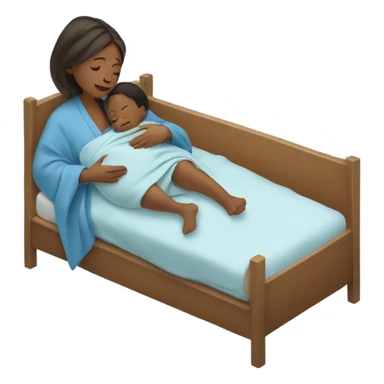 A pregnant woman resting on a hospital bed, holding her newborn baby wrapped snugly in a blue swaddle blanket.






 sticker
