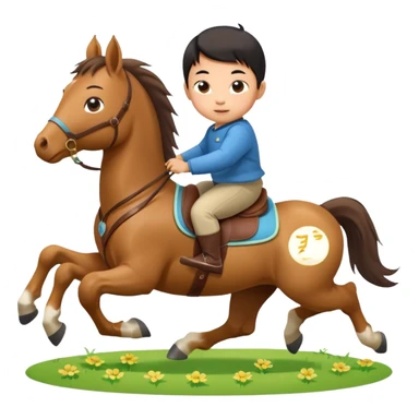 l little chinese baby riding on a  cute horse running really fast on the grass with 2026 year's label sticker
