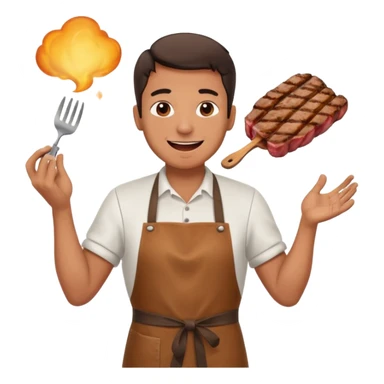 A cheerful man in an apron flipping meat on a sizzling grill with smoke puffing upward. sticker