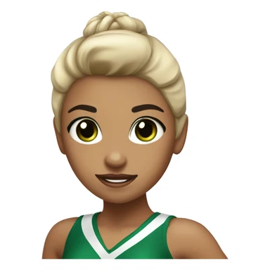 cheerleader with black hair in a high ponytail, somewhat tan skin, with a green and black bow sticker