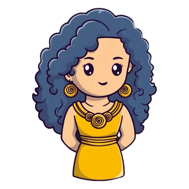 pretty Greek girl with big puffy long curly hair, gold statement earrings and necklace, cute modern dress sticker