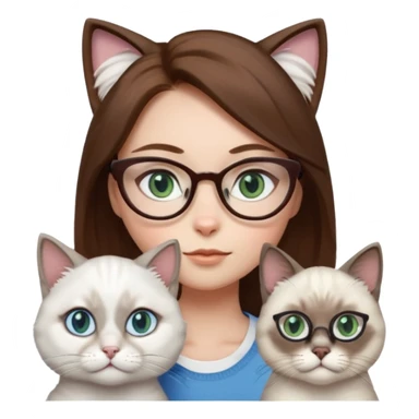 O fata cu parul saten cu ochii griji-albastrii ,ochelari și codițe de pisica ..și langa o pisicuță alba pufoasa ,cu ochii verzi și o a doua pisica siameza pufoasa cu capul maro -negru și coada ,restul corpului un maro deschis spre alb  , ochii albaștrii  sticker