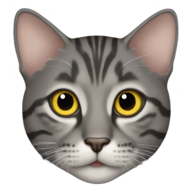 dark gray tabby cat with yellow eyes, black nose, some brown around mouth, left ear tip missing sticker