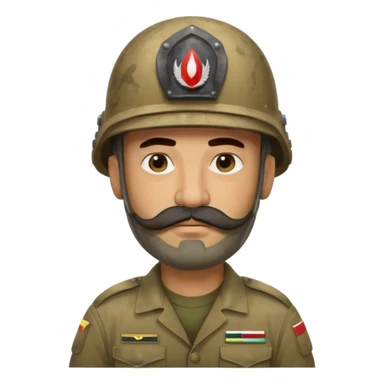 tired Iraqi military, in a helmet, with a moustache and beard sticker