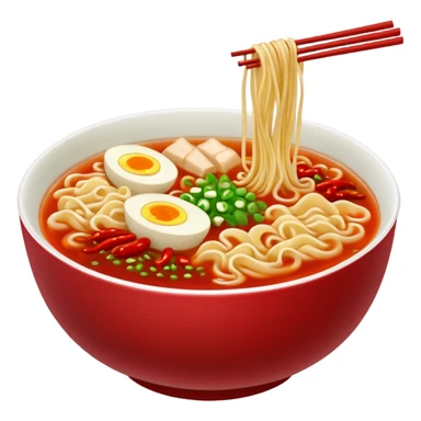 steaming ramen bowl with red broth and chili slices sticker