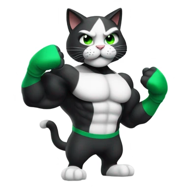 Ultra Muscular gigachad black and white Cat with green eyes flexing His biceps sticker