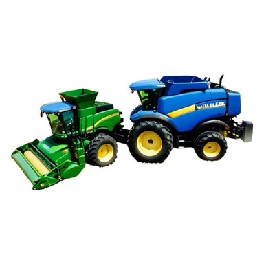 Baler – New Holland Roll-Belt 560 (2018) – Cinematic-realistic John Deere 6155M tractor towing a New Holland Roll-Belt 560 baler, its deep green body contrasting with the bright blue baler. The massive machine moves steadily through golden fields, compressing freshly cut hay into tight round bales, while dust swirls under the blazing afternoon sun. sticker