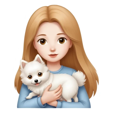 long light brown hair girl with pale skin holding one white Japanese spitz dog in her arms sticker