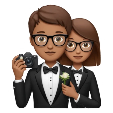 Un fotógrafo con pelo moreno, gafas, cámara en la mano derecha, fotografiando una boda sticker