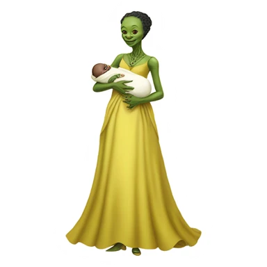  Reptilian alien woman smiling, full body, in victorian jellow elegant dress, holds a newborn white humman baby sticker