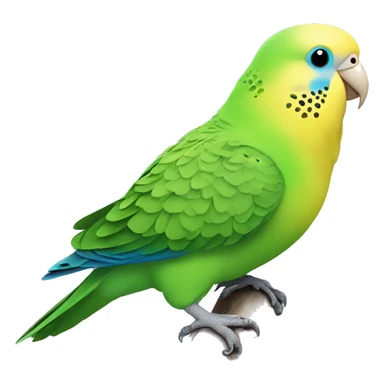 a fat green budgie with a yellow head and blue nose sticker