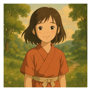 cute Japanese girl, ghibli style, gentle smile, natural background, warm tones sticker