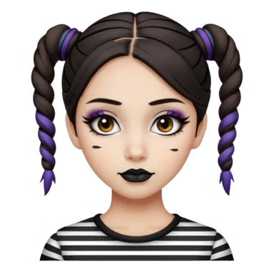 generate a pretty fair bratz girl with dark brown eyes. Dark brown hair straight hair with coloured highlights tied into buns.  eyeliner. black lipstick. Wearing a white and black striped top sticker
