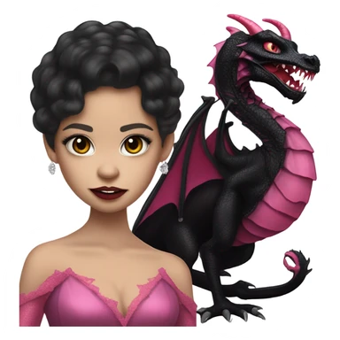 low cut back black evening gown with see-through gloves, Jenna Ortega as Addams woman prom queen wearing a mini tiara, very large blood  pink evil-looking horned old dragon companion sticker
