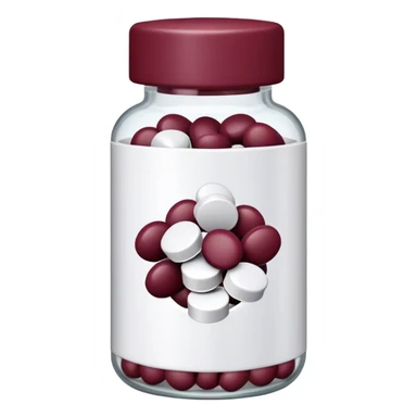 Burgundy pill bottle top with white pills inside sticker