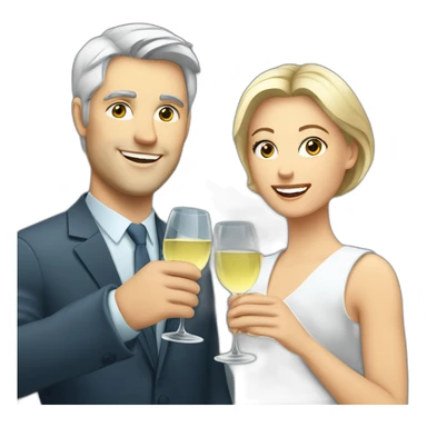 caucasian woman with brown eyes and blond short hair and a caucasian man with blue eyes and grey hair, toasting with a glass of white wine sticker