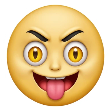 A yellow round face emoji smirking with its tounge out but the eyes are evil and kind of crazy and only one of the eyebrows is raised higher than the other eyebrow sticker