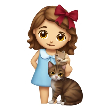 A girl with brown hair en brown eyes hugging a tabby cat kitten with a wine red bow on her head sticker
