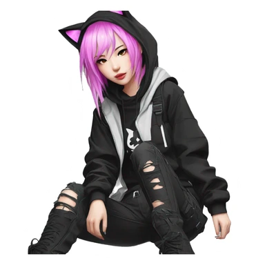 Edgy beautiful pretty anime punk tomboy with cat ears techwear cargo pants hoodie sticker