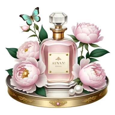 A dreamy still life of a vintage perfume bottle collection with golden embellishments, set on an antique silver tray, surrounded by lush white peonies and soft pink roses, with an iridescent pearl butterfly perched on a golden stopper.
 sticker