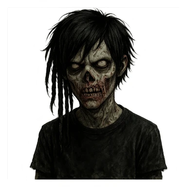 zombie boy with black medium hair with dreads, emo style, dark and spooky, creepy expression sticker