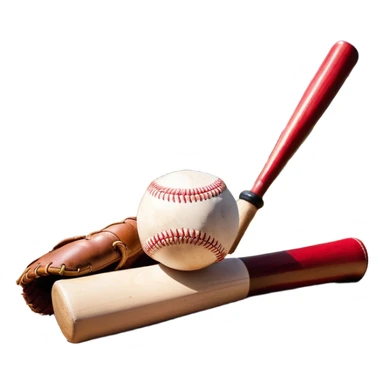 A baseball bat, ball, and glove resting on the ground, set against the backdrop of a baseball field. The scene captures the iconic equipment of the sport, with the field in the distance and a bright sky above, evoking the spirit of the game. sticker