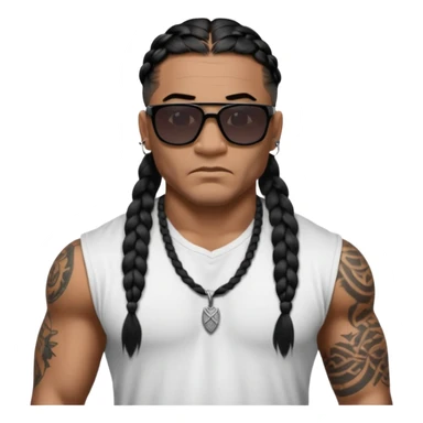 Samoan male. Chin hair only..
Untucked loose fitting white t-shirt. 
long black braided hair.
very muscular.
Even More tattoos. 
Tough and menacing.
Dark black square sunglasses. sticker
