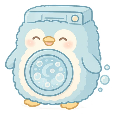 kawaii soft fluffy penguin washing machine, spinning soap bubbles, happy face, pastel blue, full-body sticker