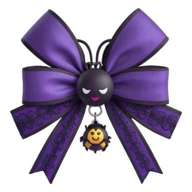 3D emoji gothic bow, dark plum satin, black lace trim, silver spider charm, moody and elegant sticker