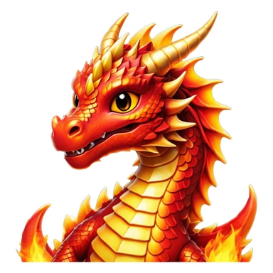 Cinematic Cute Fierce Fire Dragon Portrait Emoji, Head tilted playfully and inquisitively, showcasing a robust, flame-embellished form with intricately detailed scales in vibrant reds and glistening golds, accented by flickering ember highlights and a warm, inviting glow; rendered with lifelike detail and radiant natural light, high shine, spirited yet endearing, styled with a touch of blazing whimsy, soft glowing outline, capturing the essence of a mischievous yet charming inferno that seems ready to dance with playful fire! sticker