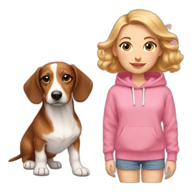 white girl with light eyes and dachshund puppy with pink oversized sweatshirt sticker